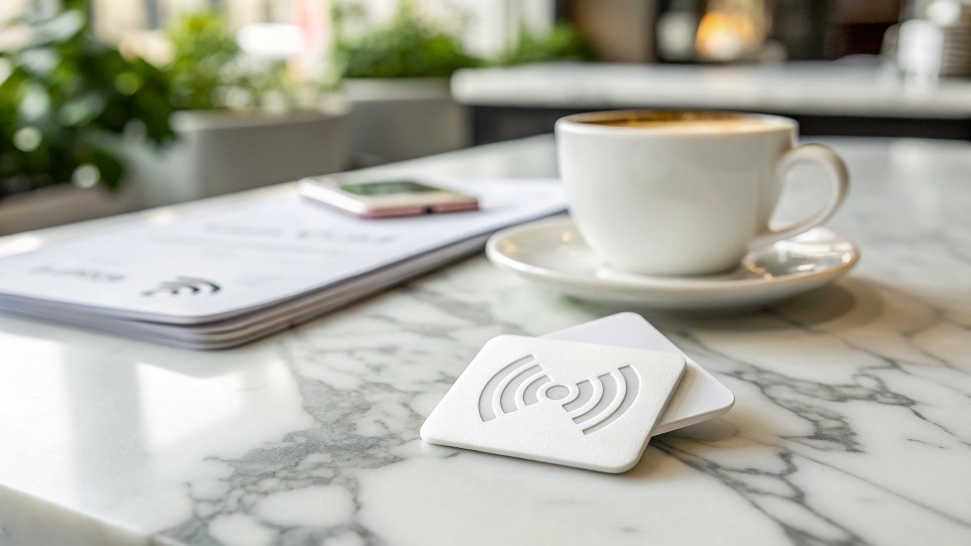 NFC Tag auf Marmortisch im Café
