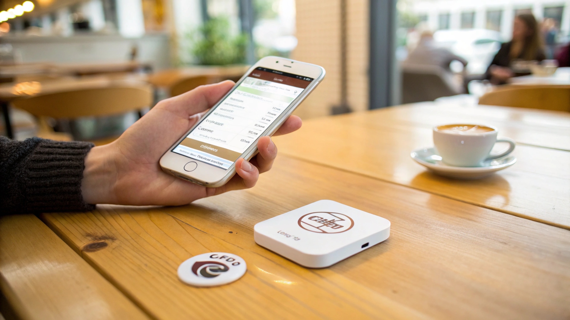 Kunde scannt NFC-Tag mit Smartphone im Café